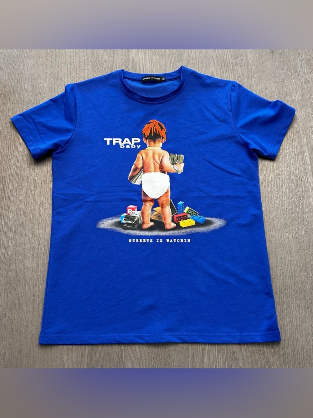Streetwear Graphic T Shirt Blue Trap Baby Streetz Iz Watchin Mens Medium Tee